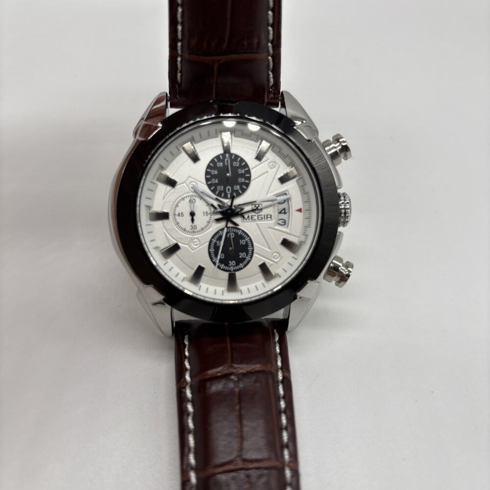 MEGIR 2020 Men Chronograph Quartz Watch Silver Case Brown Croc Leather
